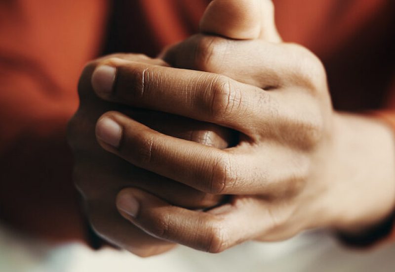 Hands, man and worry as stress, anxiety and nervous for mental health, wellness and burnout for help. Person, mistake and frustrated in psychology for depression, therapy and conflict in consultation.